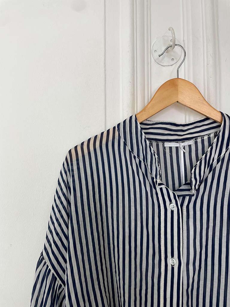 Balloon Sleeve Stripe Shirt - Navy - Image 3