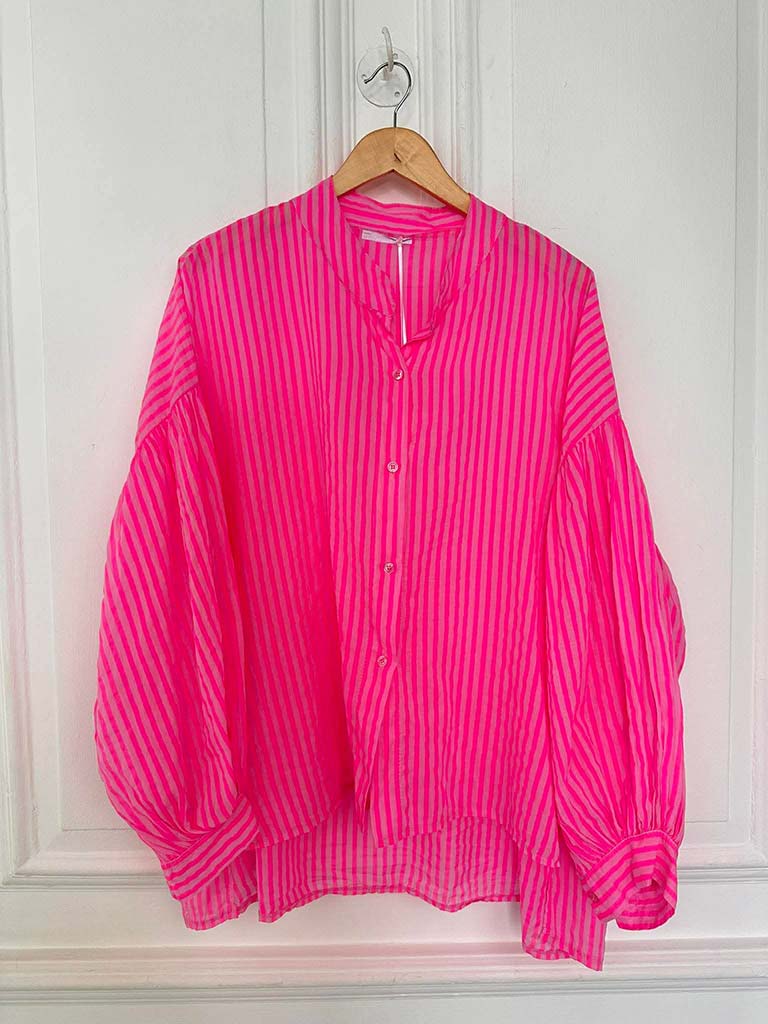 Balloon Sleeve Stripe Shirt - Neon Pink - Image 3