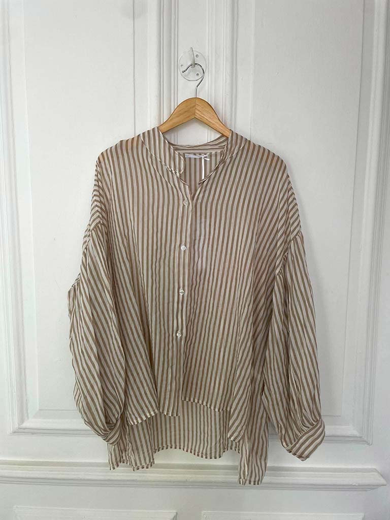 Balloon Sleeve Stripe Shirt - Stone - Image 3