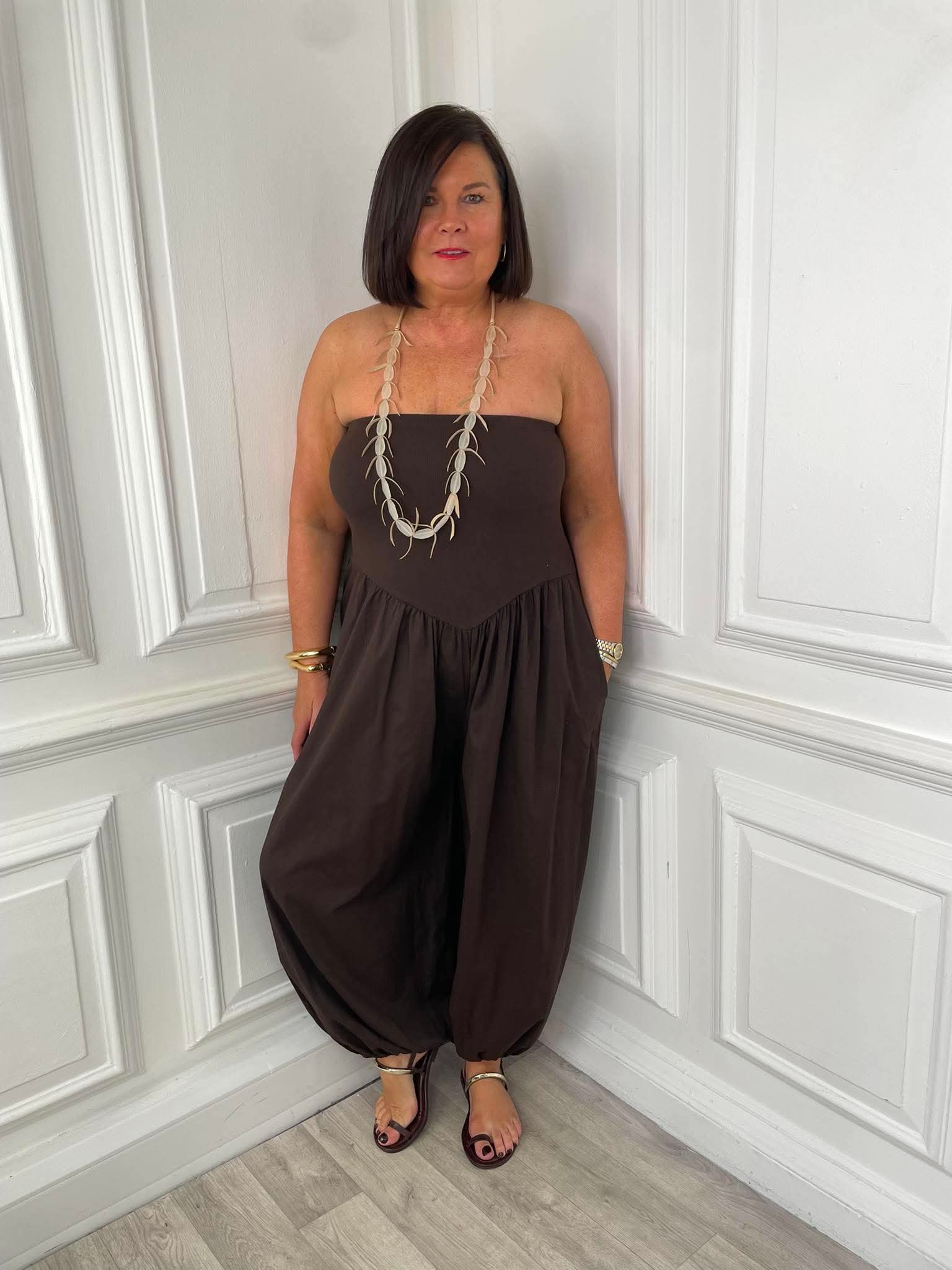 Bandeau Balloon Jumpsuit - Chocolate