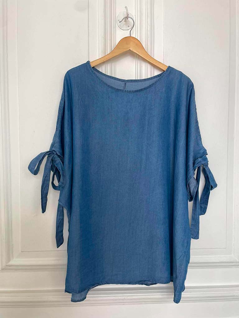 Chambray Tie Sleeve Top - Mid Denim - Image 3