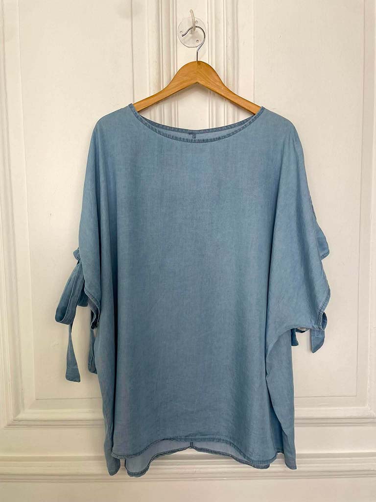 Chambray Tie Sleeve Top - Pale Denim - Image 3