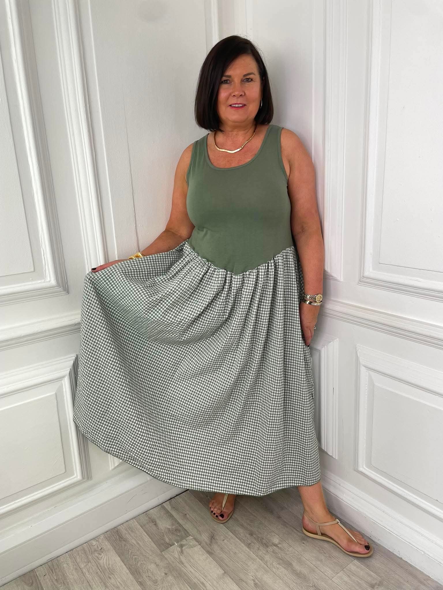 Gingham Skirt Dress - Sage - Image 2