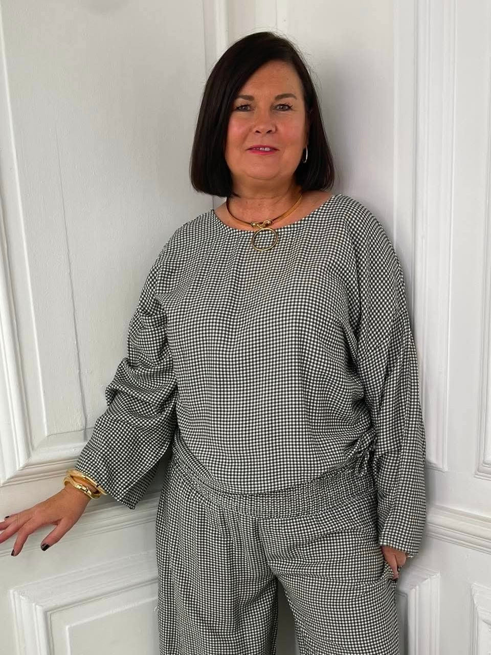 Gingham Tie Side Top - Khaki