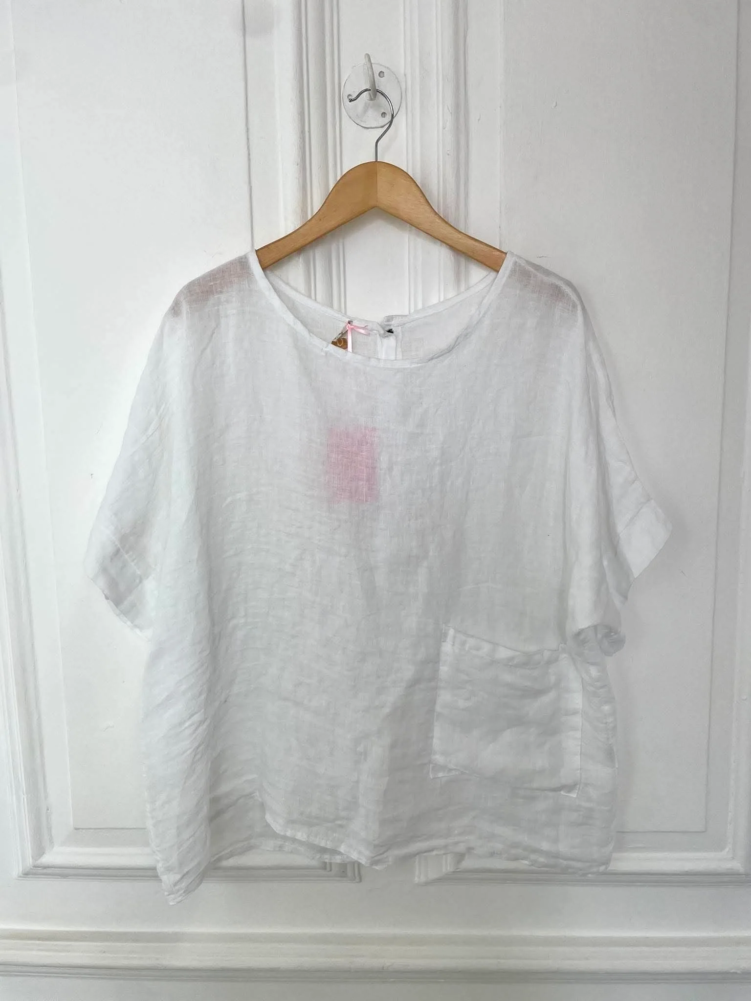 Linen Button Back Pocket Top - White - Image 4