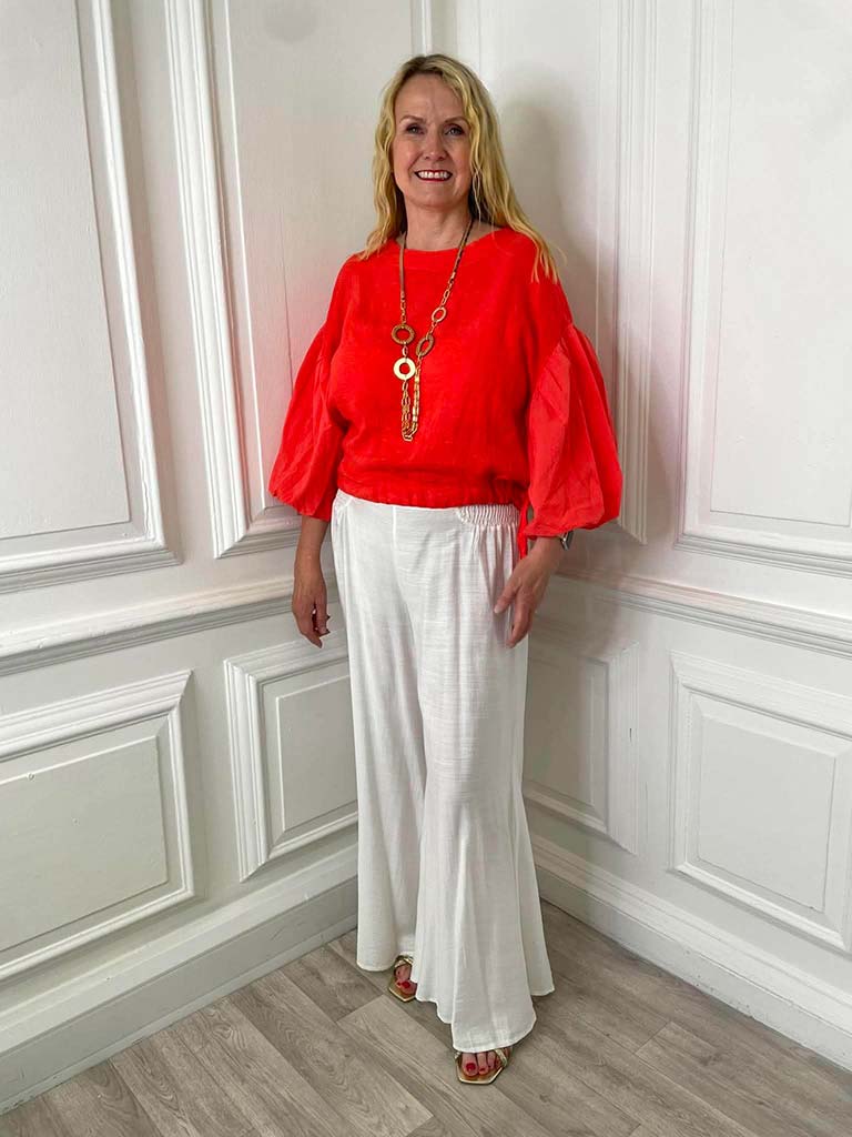 Linen Puff Sleeve Top - Blood Orange - Image 2