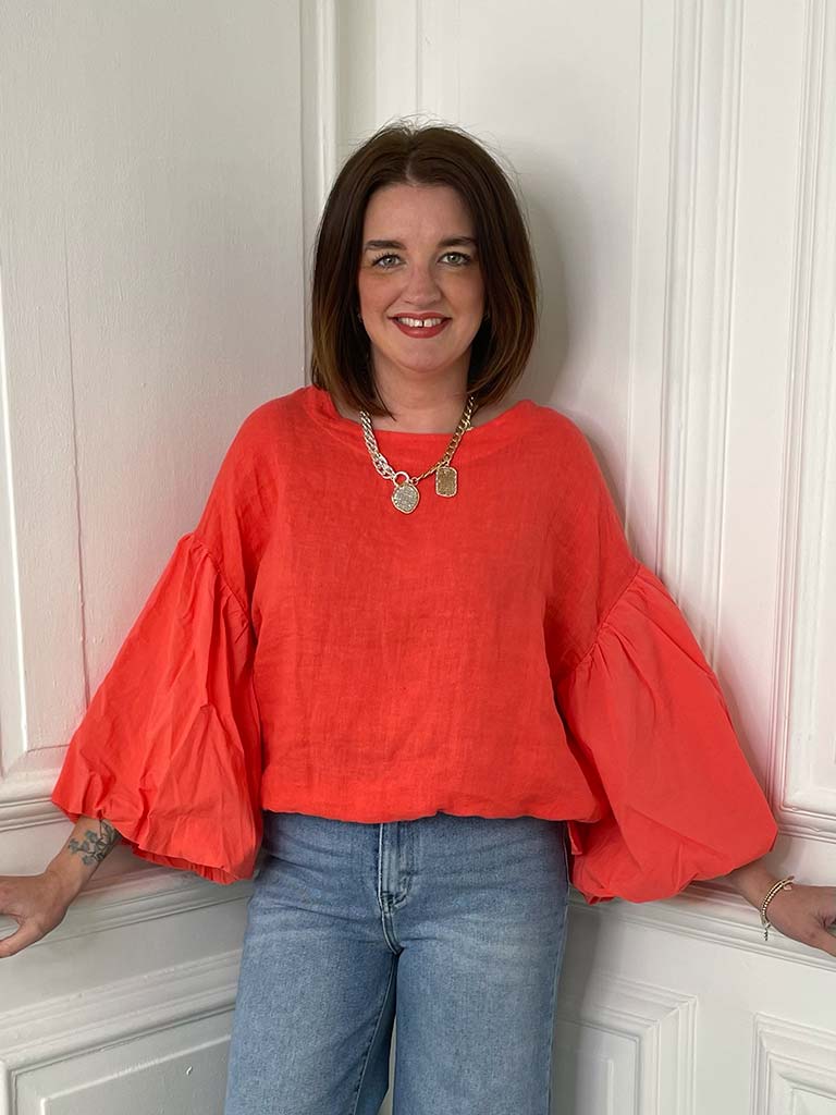 Linen Puff Sleeve Top - Blood Orange - Image 3