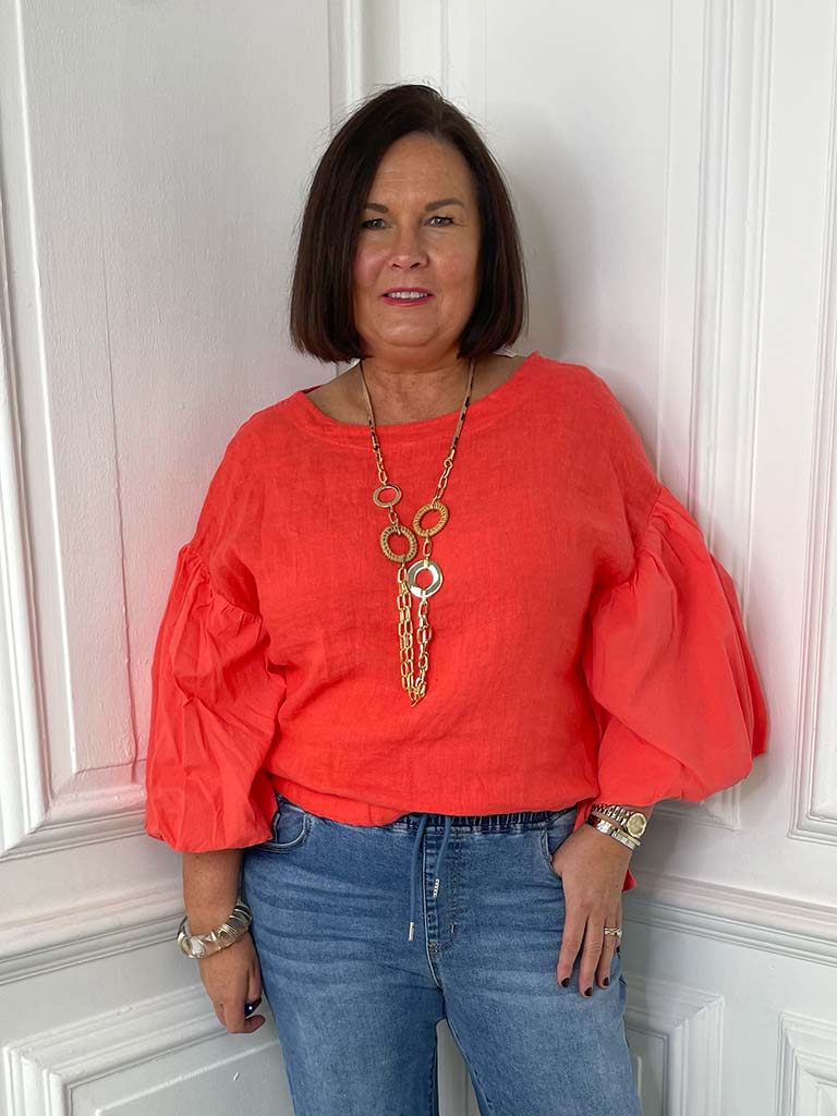 Linen Puff Sleeve Top - Blood Orange - Image 4