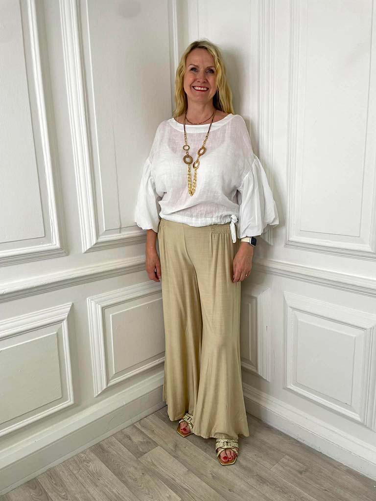 Linen Puff Sleeve Top - White - Image 2