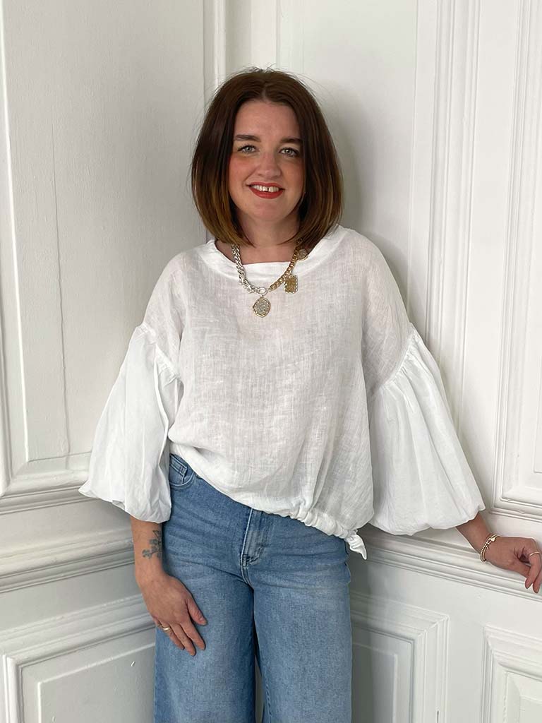 Linen Puff Sleeve Top - White - Image 3
