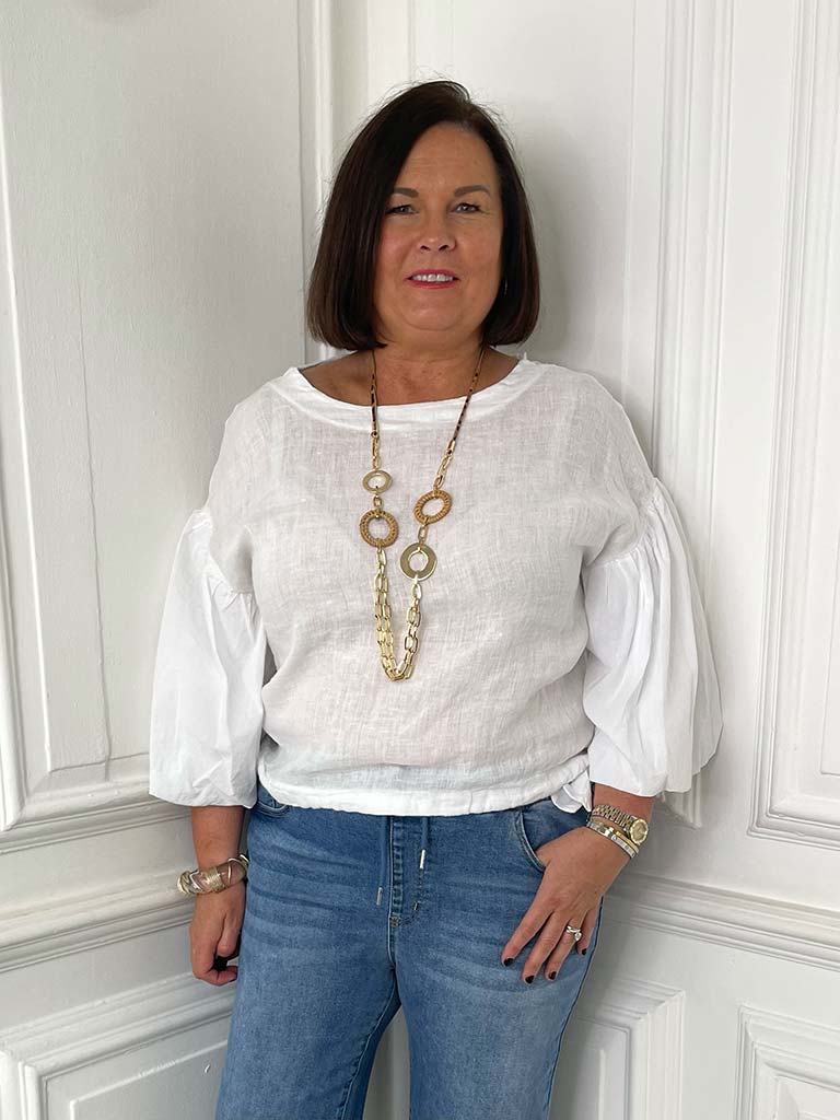 Linen Puff Sleeve Top - White - Image 4