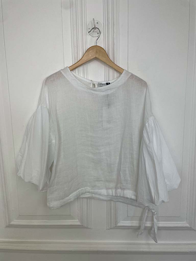 Linen Puff Sleeve Top - White - Image 5
