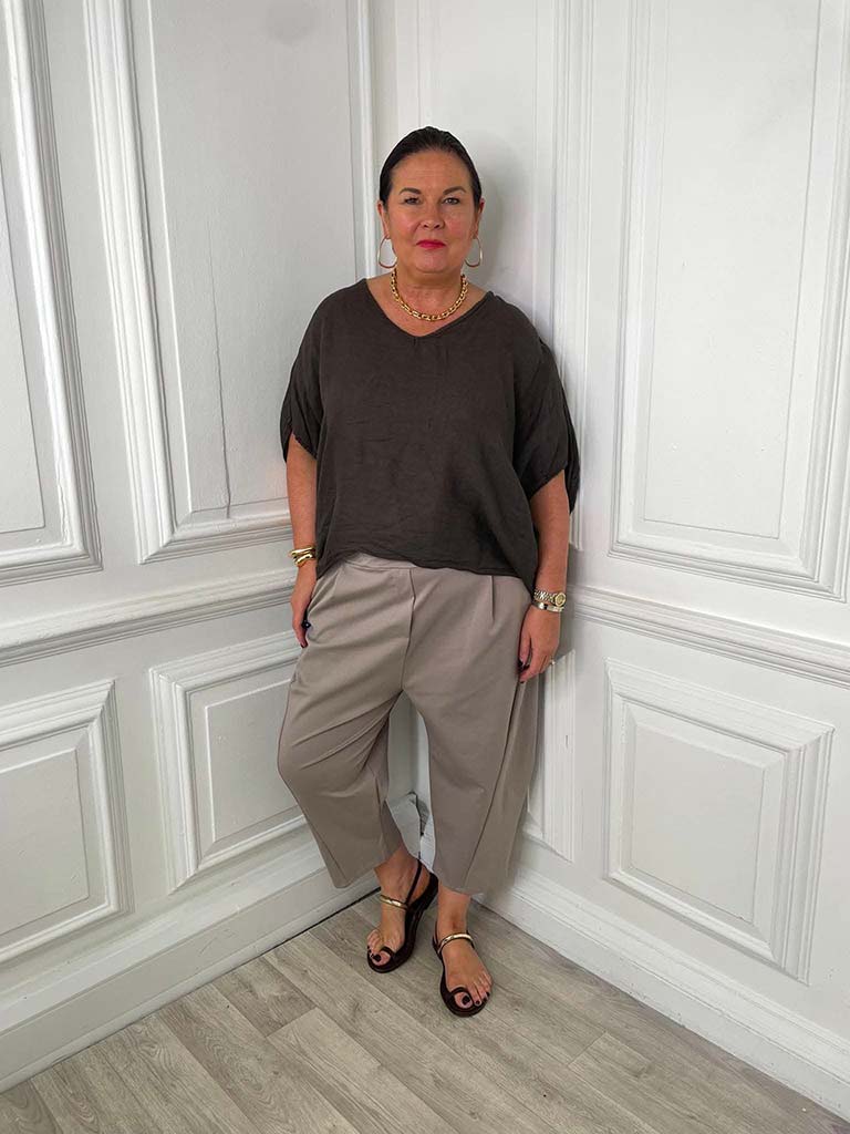 Linen V-Neck Top - Chocolate - Image 2