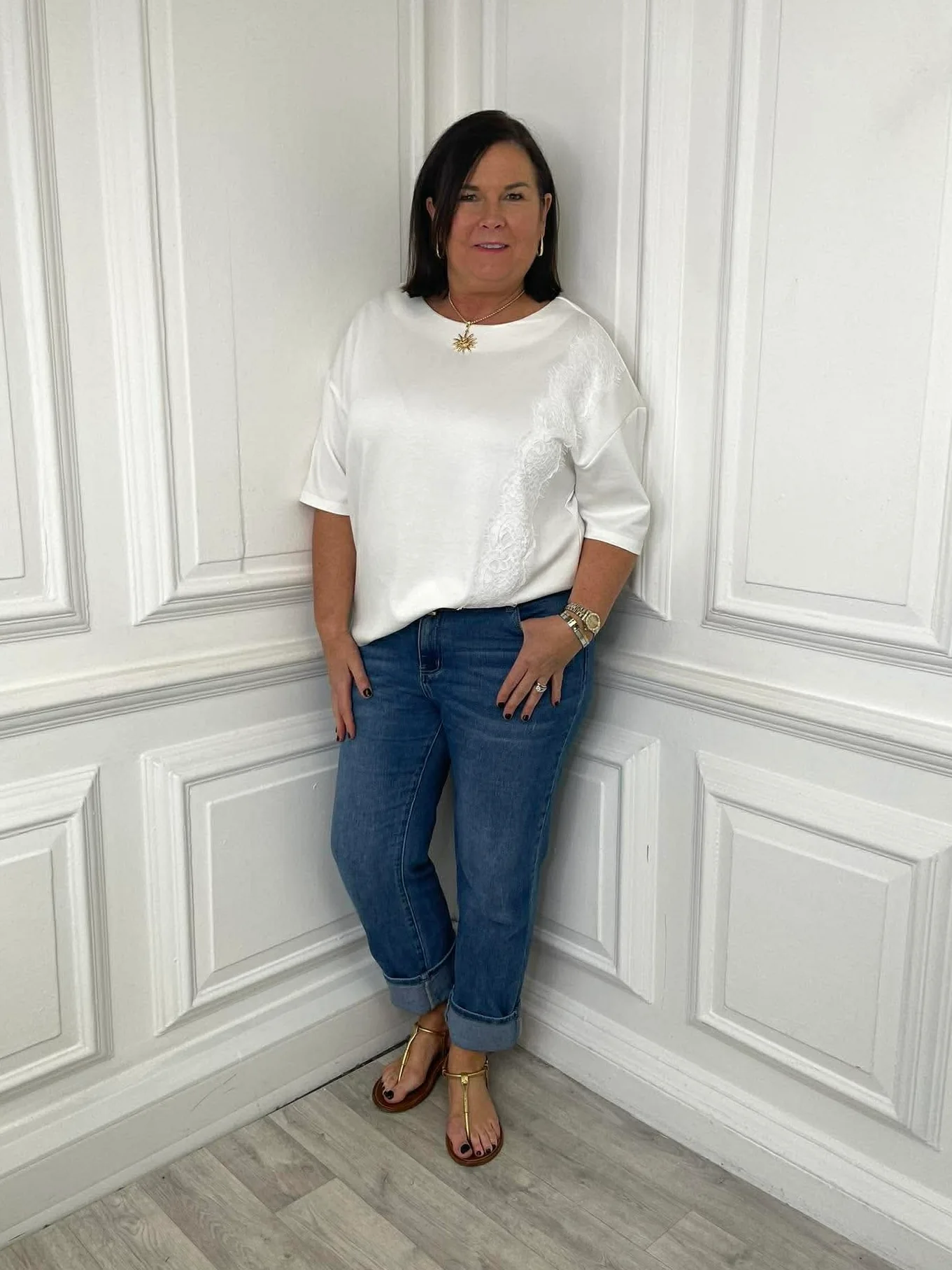 Malissa J Lace Trim Top - Warm White - Image 2