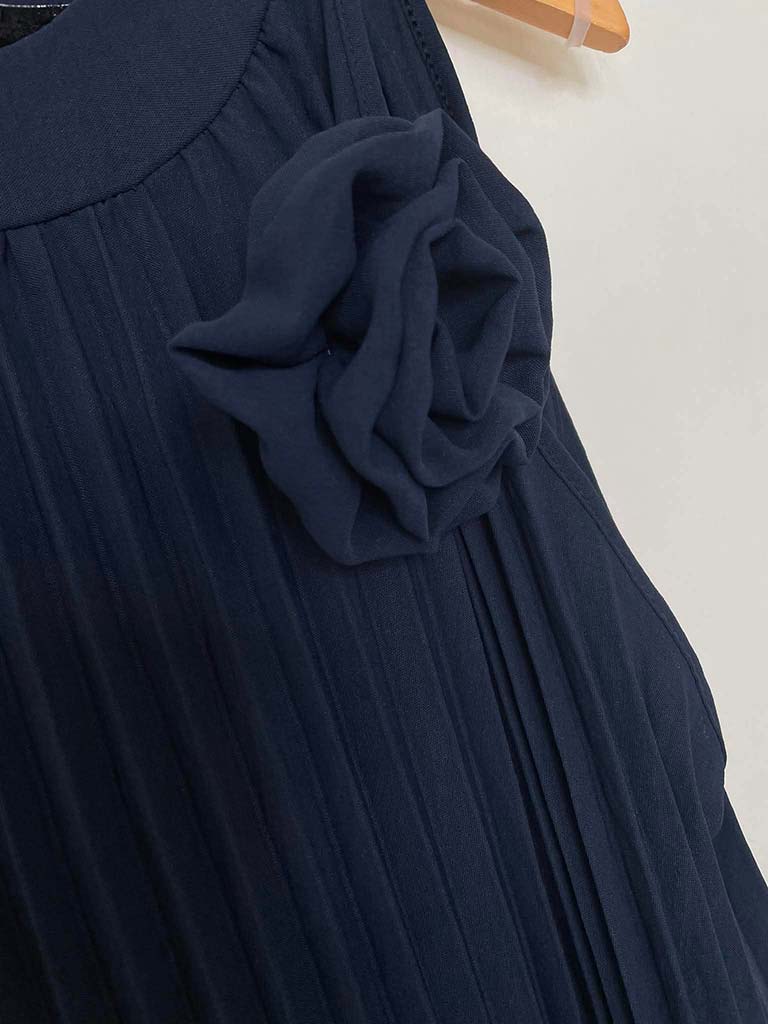 Pleated Flower Midi Dress - Navy - Image 3
