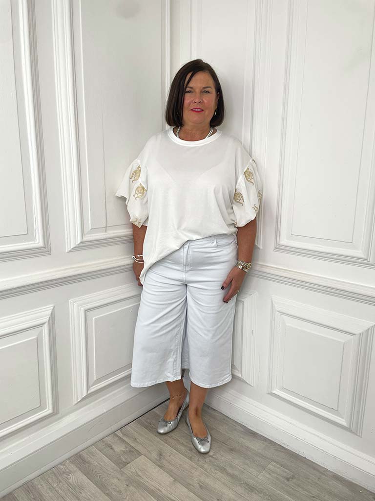 Puff Sleeve Gold Embroidered Tee - Image 2