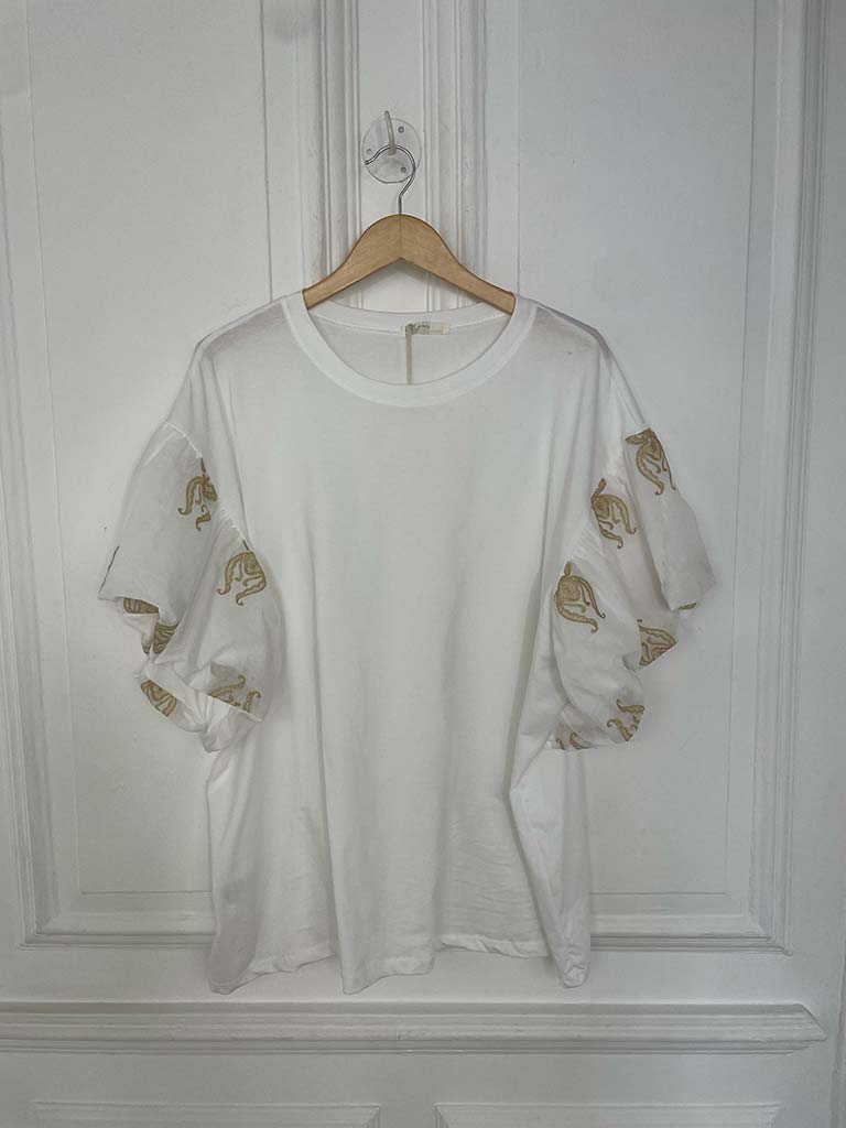 Puff Sleeve Gold Embroidered Tee - Image 3