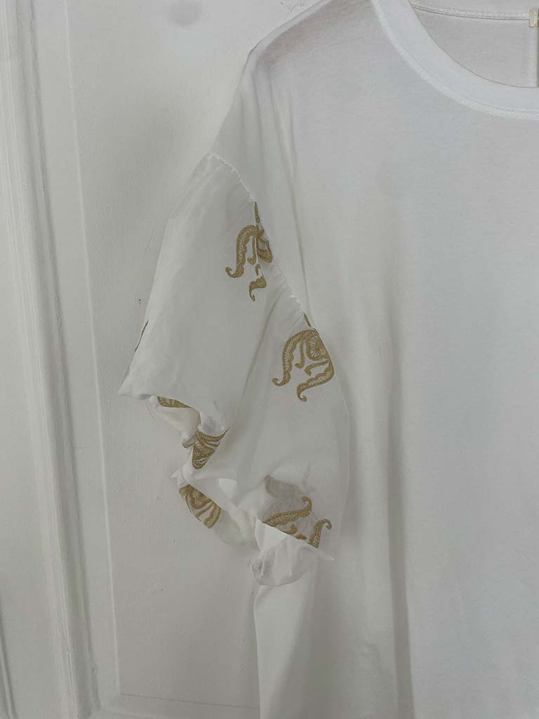Puff Sleeve Gold Embroidered Tee - Image 4