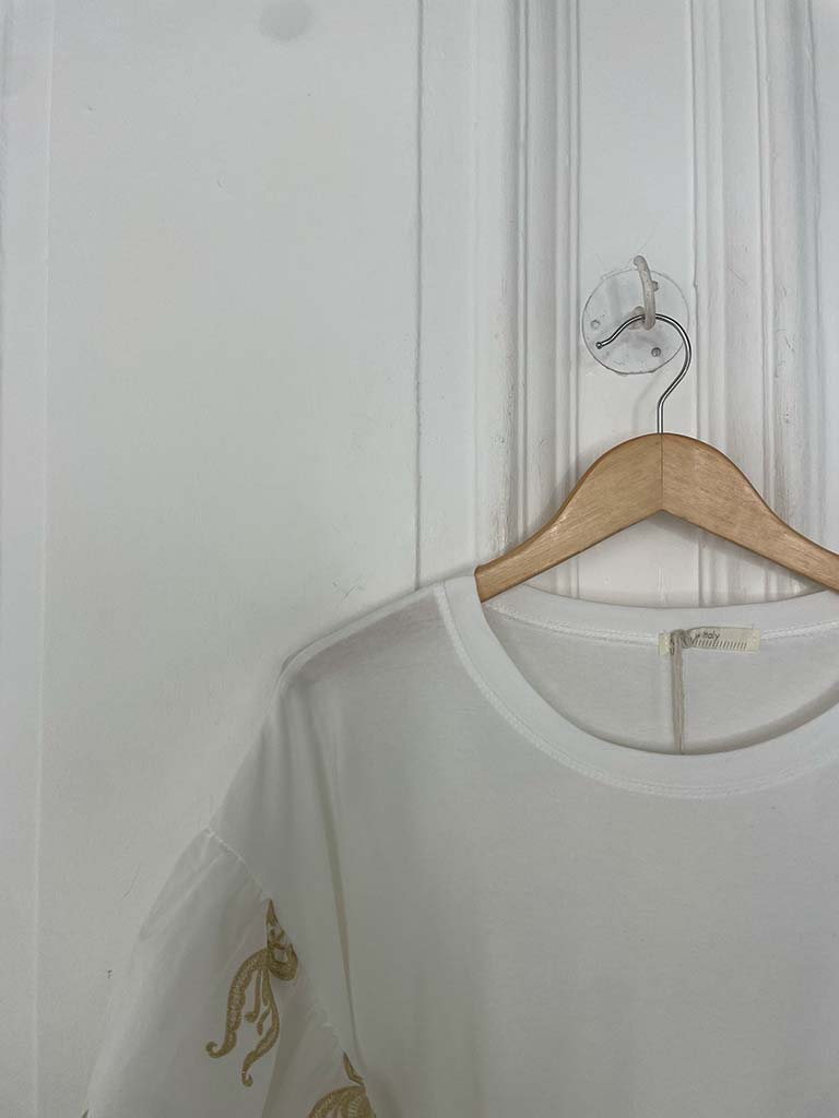 Puff Sleeve Gold Embroidered Tee - Image 5