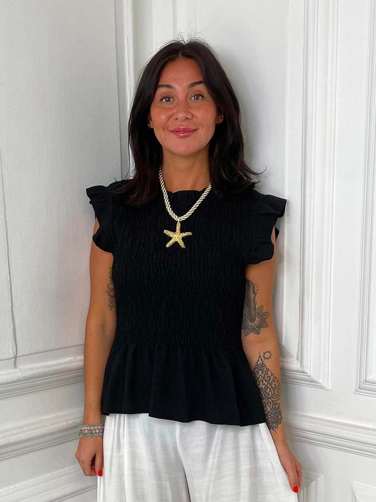 Shirred Frill Top - Black - Image 2