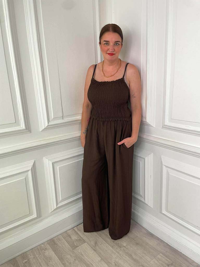 Shirred Strappy Jumpsuit - Chocolate - Image 2
