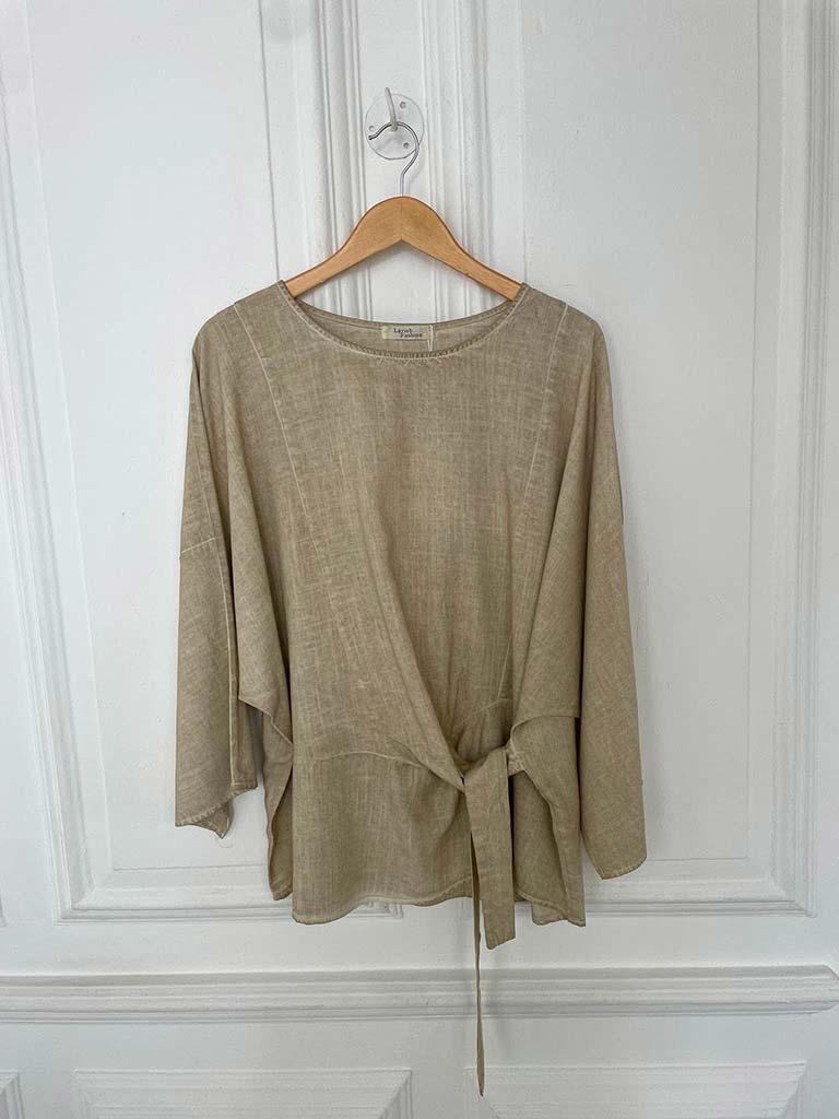 Tie Front Relaxed Top - Sand - Image 3