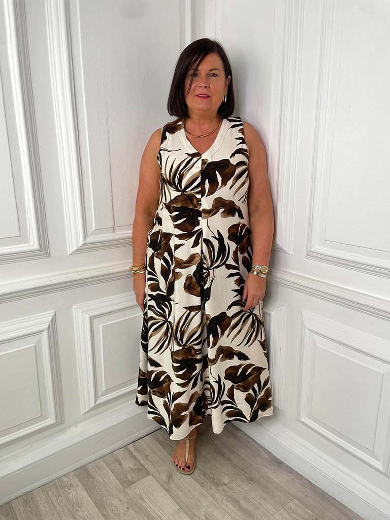 Tropical Print Dress - Coffee - Image 3