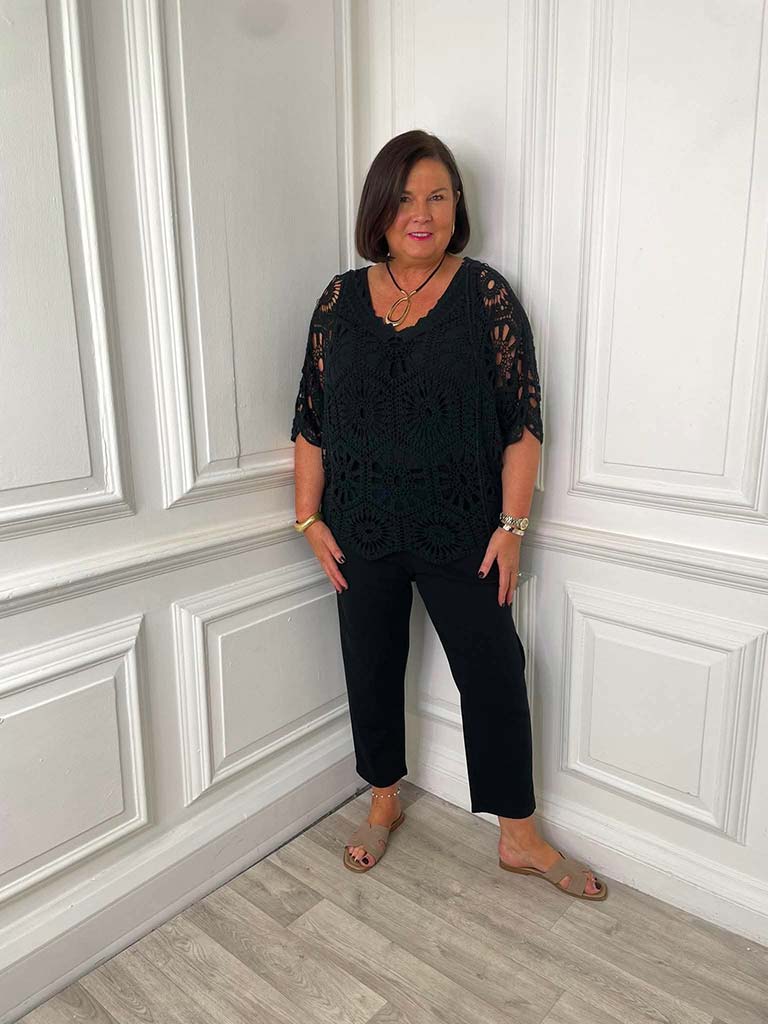 V-Neck Cotton Crochet Top - Black - Image 2