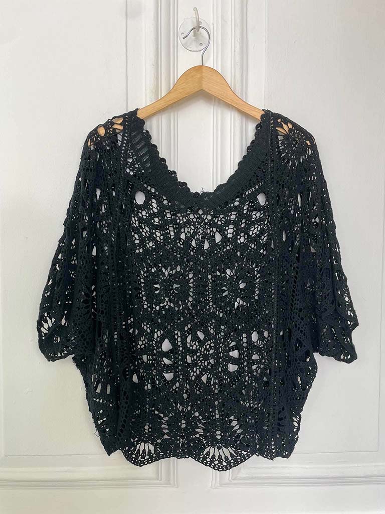V-Neck Cotton Crochet Top - Black - Image 3