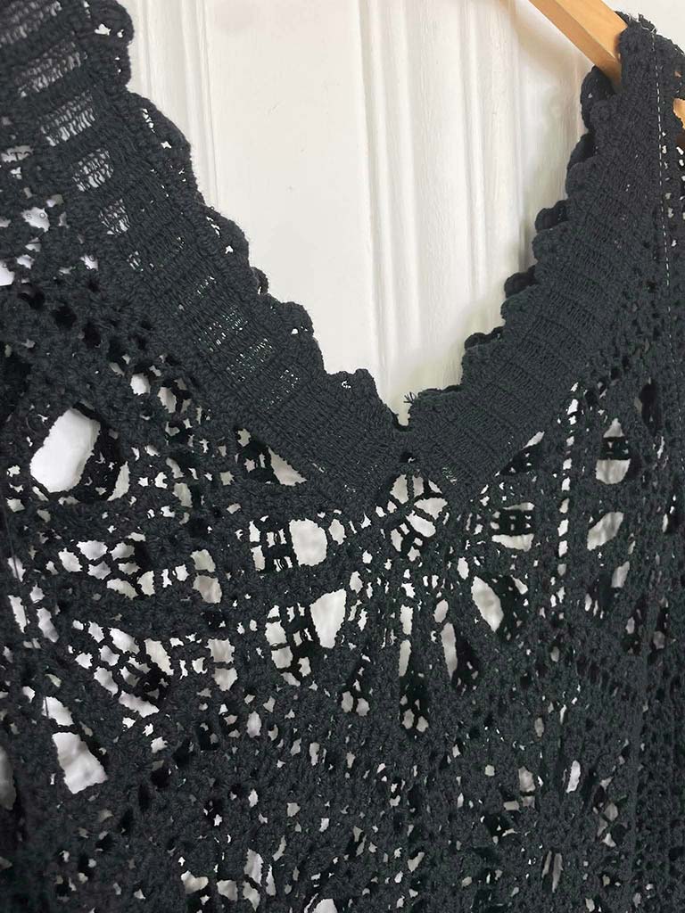 V-Neck Cotton Crochet Top - Black - Image 4