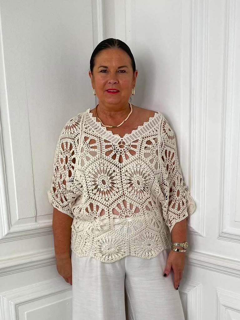 V-Neck Cotton Crochet Top - Ecru