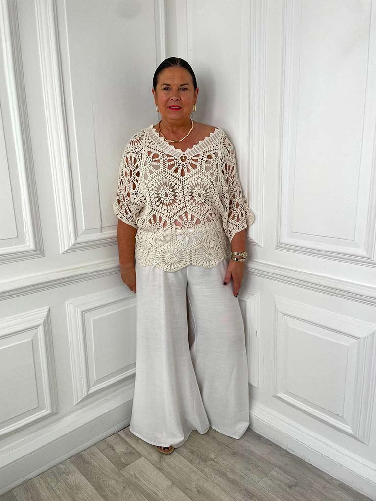 V-Neck Cotton Crochet Top - Ecru - Image 2