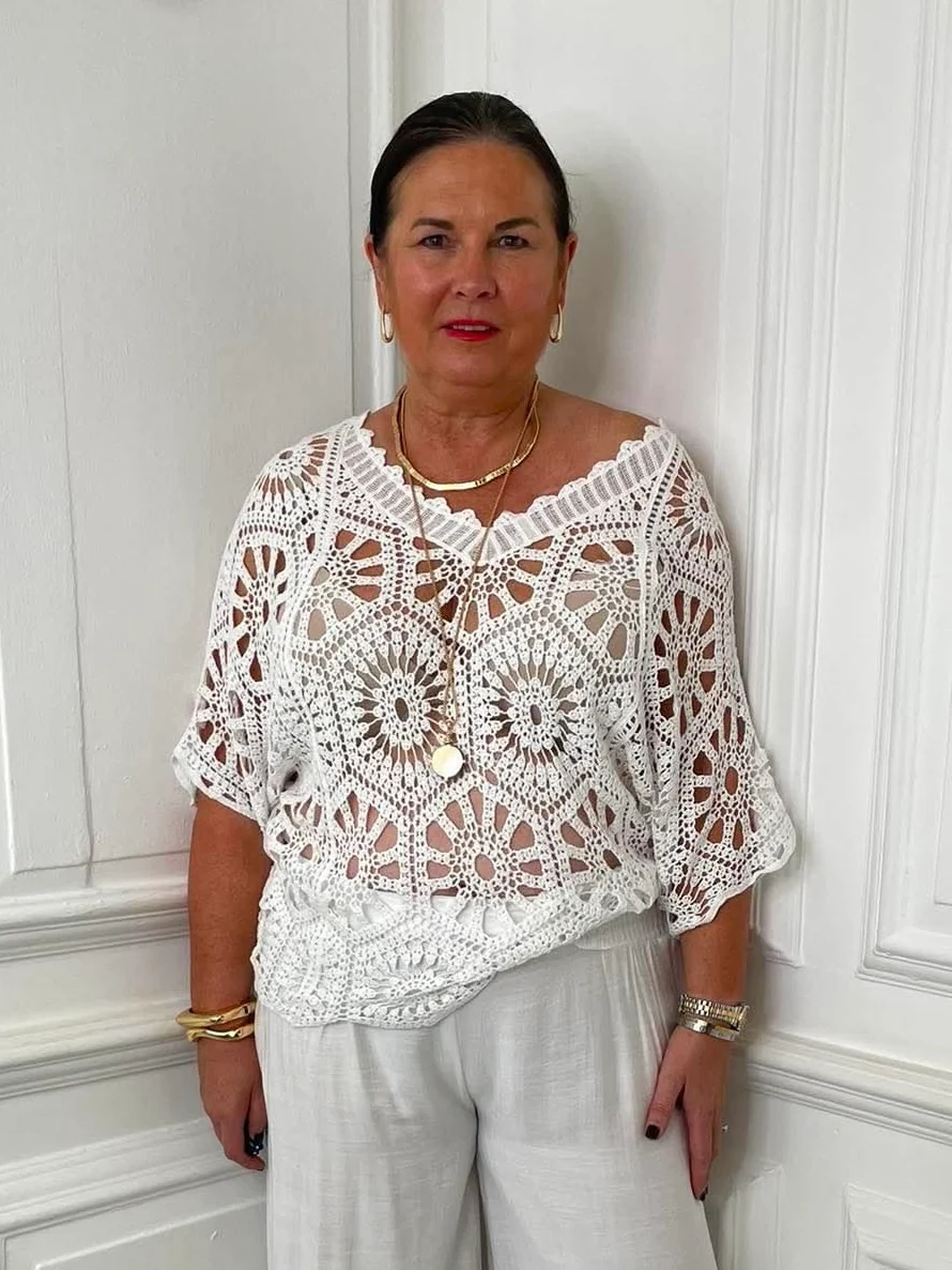 V-Neck Cotton Crochet Top - White