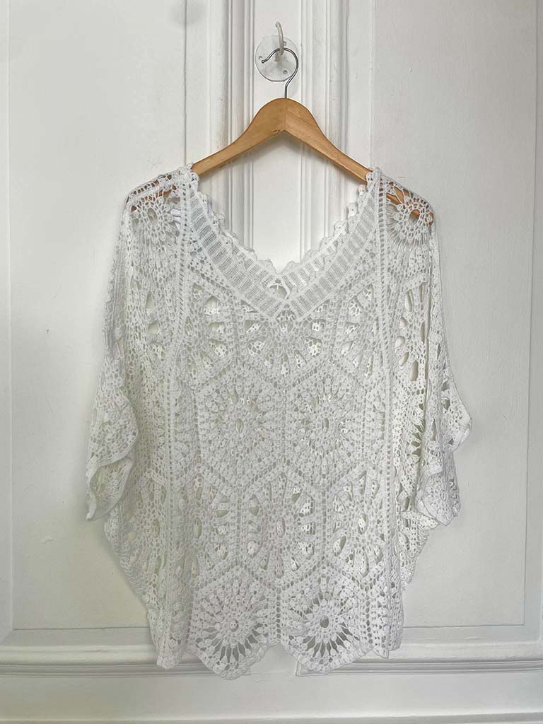 V-Neck Cotton Crochet Top - White - Image 3