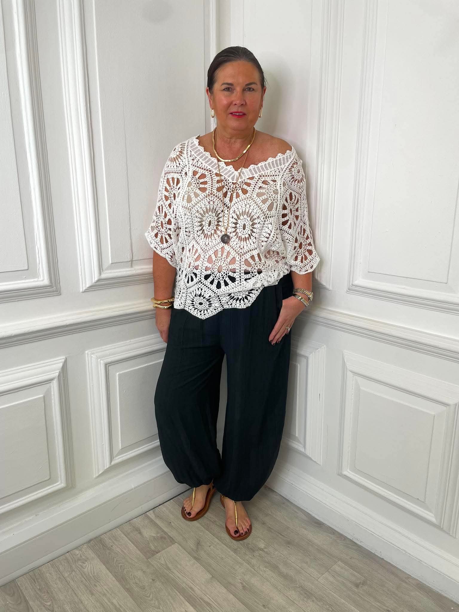 V-Neck Cotton Crochet Top - White - Image 6