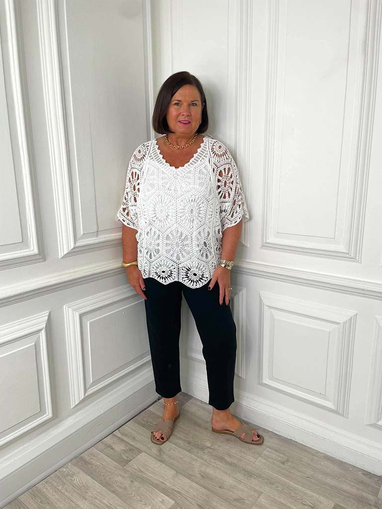 V-Neck Cotton Crochet Top - White - Image 7