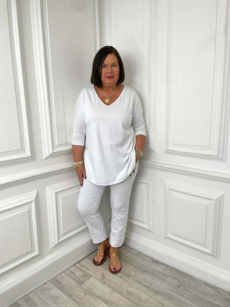 V-Neck Scooped Hem Top - White - Image 3