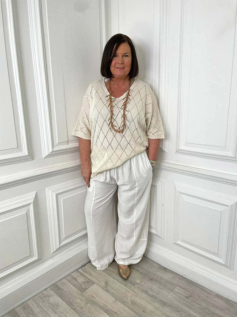 Wide Curved Hem Trousers - White - Image 2